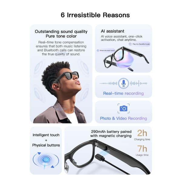 AI smartbriller med røgtonede linser, 8MP kamera, Bluetooth 5.4, realtidsoversættelse og AI-stemmeassistent til rejser, møder og indholdsskabelse