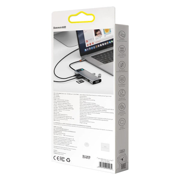 Hub 9in1 Baseus Metal Gleam Series, USB-C till 3x USB 3.0 + HDMI + USB-C PD + Ethernet RJ45 + microSD/SD + VGA