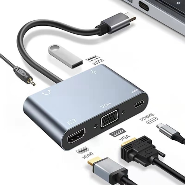 5-in-1 USB-C Hubi: HDMI, PD, VGA, USB 3.0 ja Audio