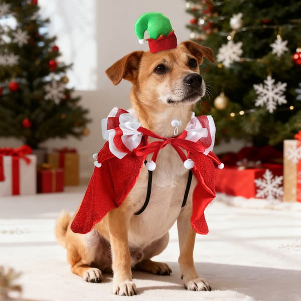 Festlig Julekæledyrskostume: Rød Polyester Kappe og Hat Sæt til Små Hunde og Katte