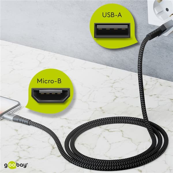 Mikro USB til USB-A tekstilkabel med metalstik 2 m
