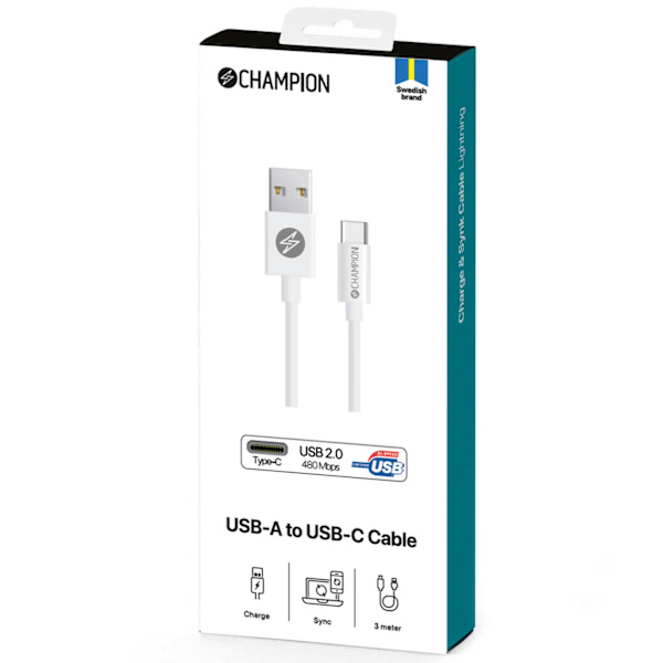 USB-A till USB-C Kabel 3m Vit