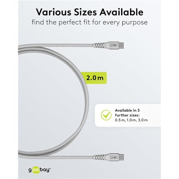 USB-C™ supersoft textilkabel med metallkontakter, 2 m, vit