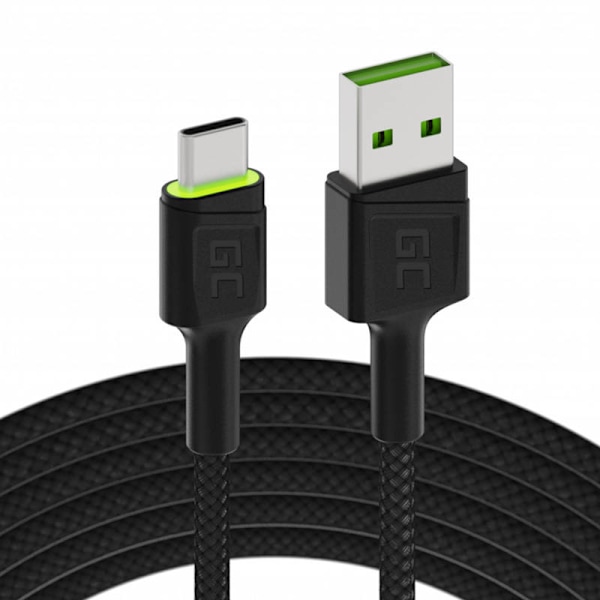 Kabel USB - USB-C Green Cell GC Ray, 120 cm, grön LED, med Ultra Charge, QC 3.0