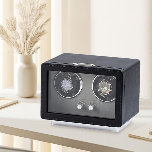 Dual-head vertikal automatisk urvinder W161B i PU-læder, 5 programmerbare tilstande, Type-C/USB-C strøm og LED ambientbelysning