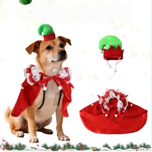 Festlig Julekæledyrskostume: Rød Polyester Kappe og Hat Sæt til Små Hunde og Katte