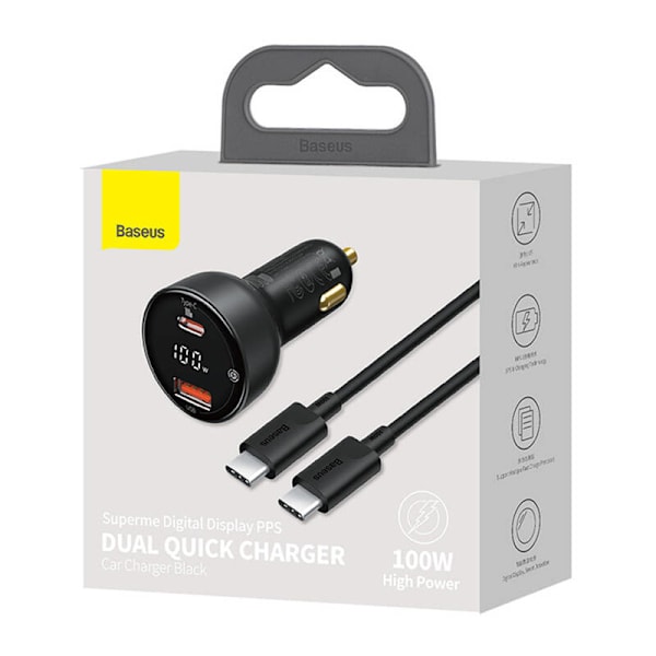 Billaddare Baseus Superme, USB, USB-C, 100W + USB-C-kabel (svart)