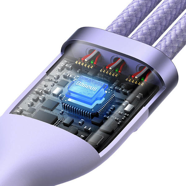 3-i-1 USB-kabel Baseus Flash Series 2, USB-C + micro USB + Lightning, 100W, 1,2m (lila)