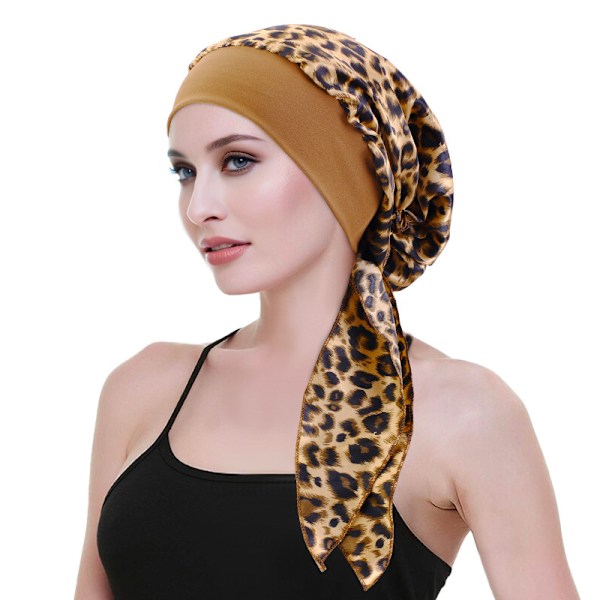 Satin Tryckt Knyt Chemo Mössa - Leopardmönstrad Huvudbonad