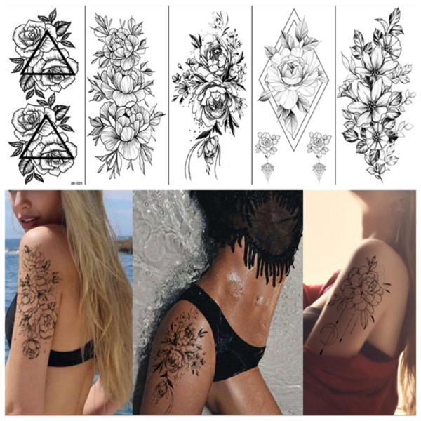 Engangstatoveringer - midlertidige tatoveringer med blomstermotiver 8 stk Sort