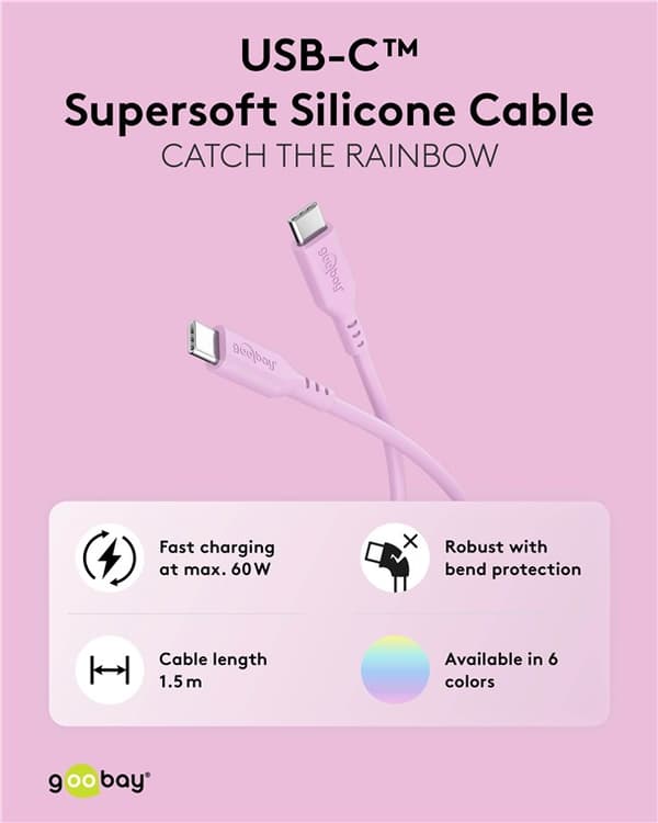 USB-C™-silikonekabel, 1,5 m, Pink