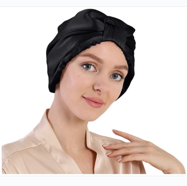 100% silke hårpleje sovehætte Black Black