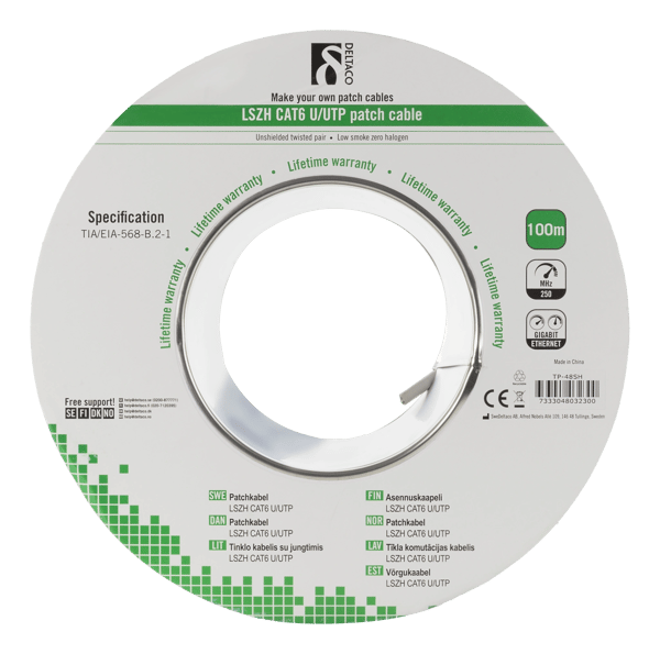 U/UTP Cat6 patch cable, LSZH, 100m spool, 250MHz, white