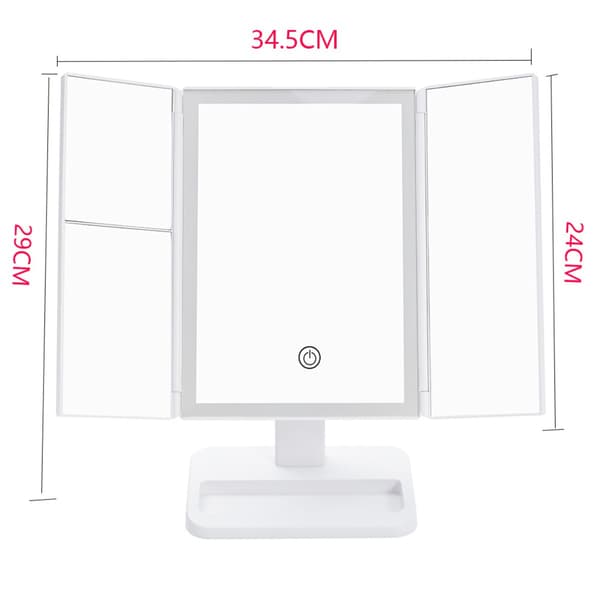 LED Sminkspegel - Läderdesign, USB/Batteridriven, Tri-Fold Sminkbordsspegel Vit