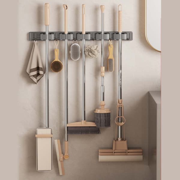 Wall-Mounted Broom Holder Silver 40cm 3 Clamps 4 Hooks Mop Rack Dual Use