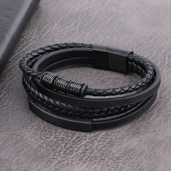 Flerlagers Vävt Läderarmband med Spänne i Rostfritt Stål 19 cm