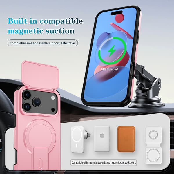 2-i-1 Magnetisk Telefon Cover Kompatibel med iPhone 17 Pro Max med Skydevindue og Stativ Pink Pink