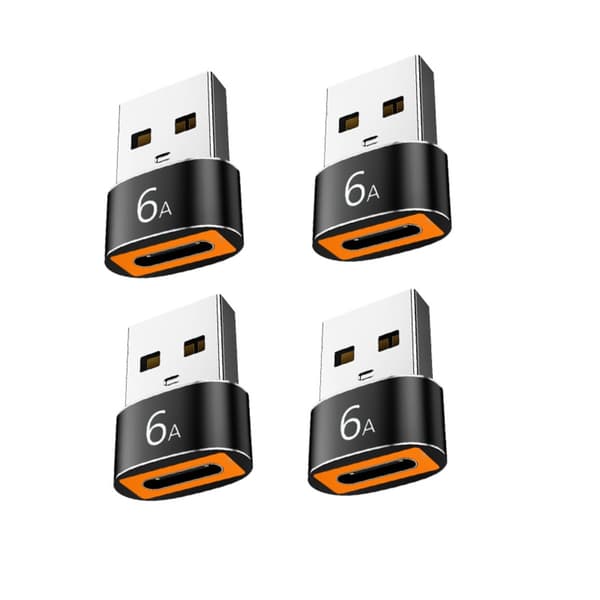 USB A til USB-C adapter PD hurtigopladning 6A til telefoner og tilbehør – Aluminium legering, lyd- og dataomformer, sort højglans, 4-pak