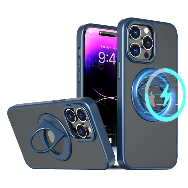 Magnetiskt skyddande telefonfodral med osynligt stativ för iPhone iPhone 15 Plus Blå