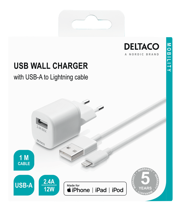 USB wall charger, USB-A, 2.4 A, incl. 1 m USB-A to Lightning