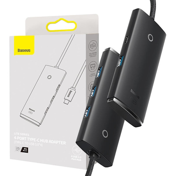 Baseus Lite Series Hub 4in1 USB-C till 4x USB 3.0 + USB-C, 25cm (svart)