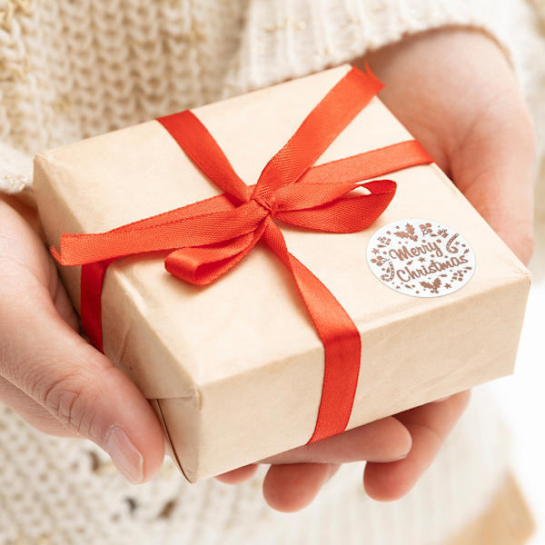 Merry Christmas klistermærker 1 rulle med 500 stk Rose guld