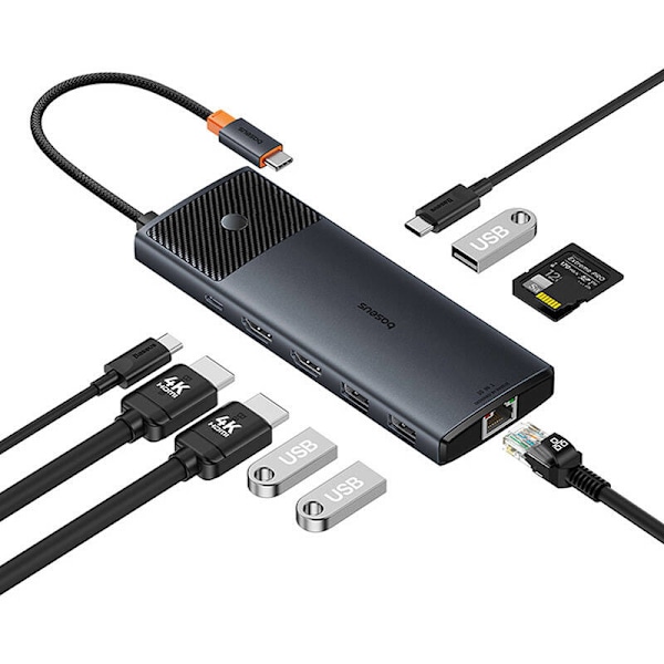 Adapter Hub 10in1 Baseus USB-C - 2xHDMI, 3xUSB-A, USB-C, RJ45, SD/TF, PD (sort)