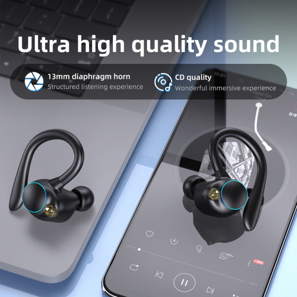 Trådlös hörlur Bluetooth 5.2, HIFI-ljud, IPX7 vattentät, halksky Svart