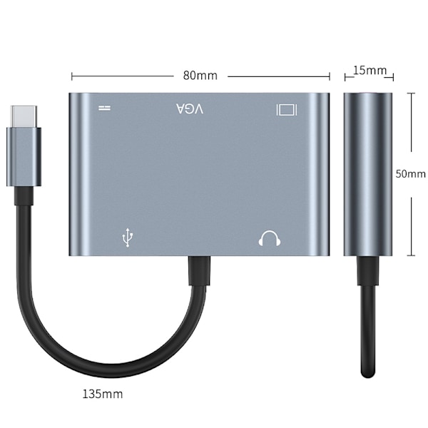 5-in-1 USB-C Hubi: HDMI, PD, VGA, USB 3.0 ja Audio
