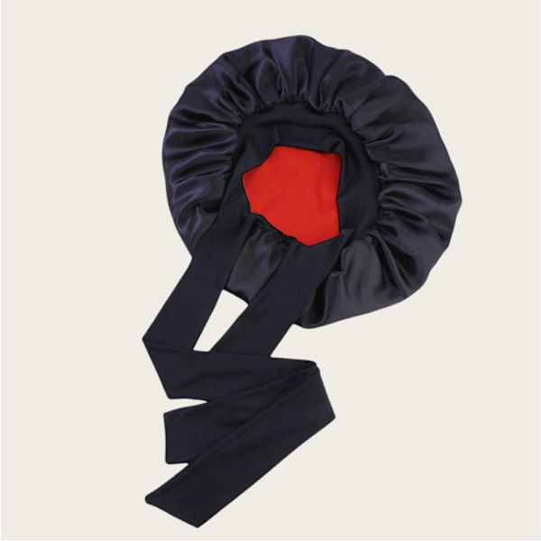 Dobbeltlags Satin Elastisk Streamer Sleep Cap - Sort
