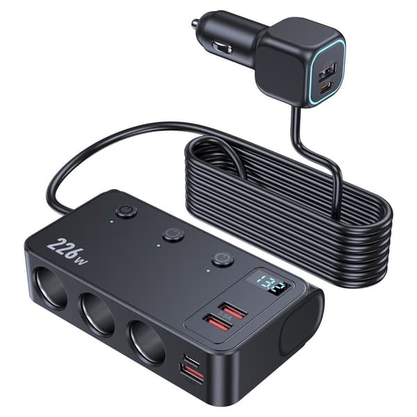 3-vejs cigarettænder biloplader med dual USB og Type-C PD45W, QC3.0, 194w total, 12-24v input og digital voltmeter