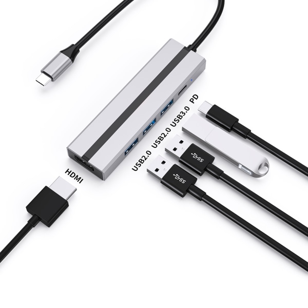 6-i-1 USB C Hub med 4K HDMI-adapter, USB 3.0/2.0-porte, PD 100W