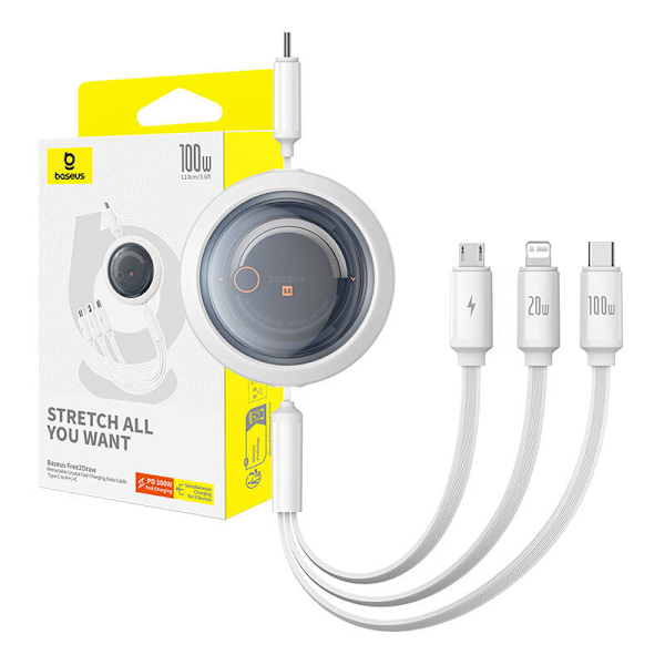 Pikalatauskaapeli 3in1 Baseus Free2Draw USB-C USB-C/Lightning/Micro 100W, 1,1m (valkoinen)