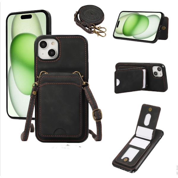 iPhone 15-serie etui med kortholder og rem, plaid anti-tabt telefoncover iPhone 15 Pro