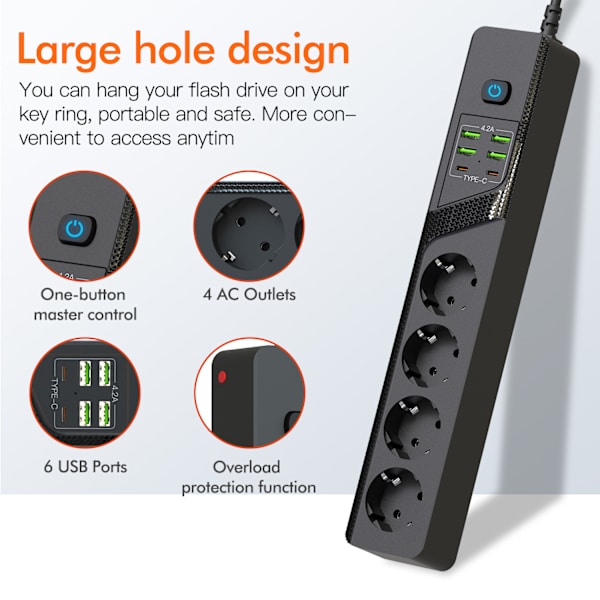 EU 4AC strømstik med 6 USB-porte - BKL-03 Sort