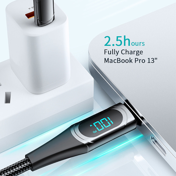 100W Digital Display USB-C Kabel - Flettet Sort 1M