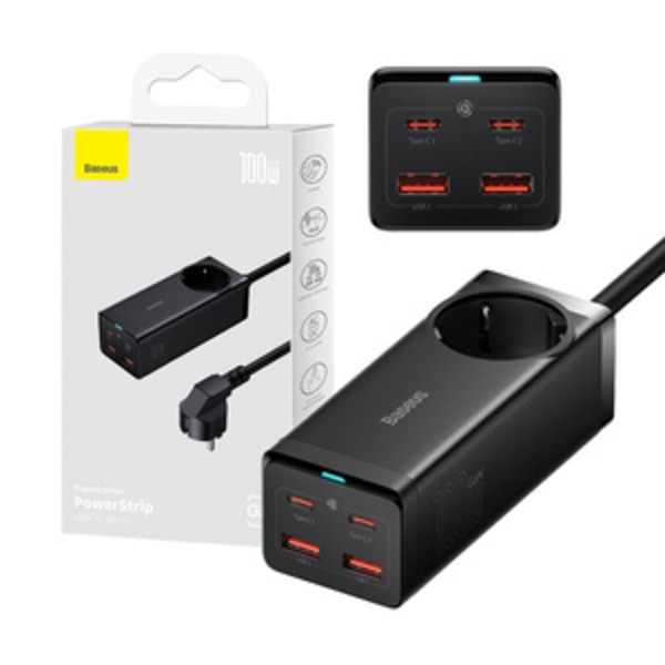 Baseus GaN3 Pro väggladdare / powerstrip 2xUSB + 2xUSB-C + AC, 100W (svart) Svart