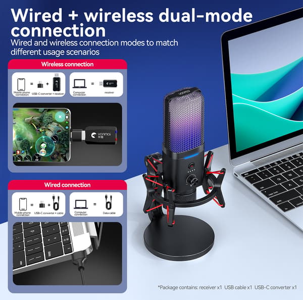 Dual Mode Trådløs Kablet Gaming RGB Mikrofon