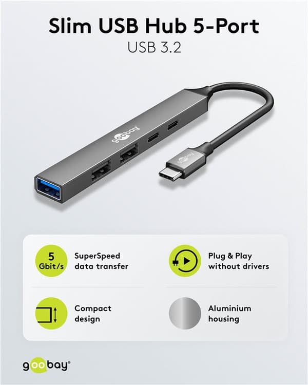 Ohut 5-porttinen USB-keskitin, USB-C™–USB-C™/USB-A, 5 Gbit/s