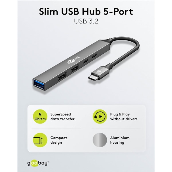Slim 5-ports USB-hub, USB-C™ til USB-C™/USB-A, 5 Gbit/s