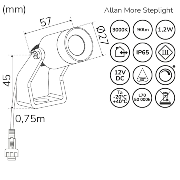 Allan More Spotlight m metallspjut 1-pack 12V 3000K 100lm IP67