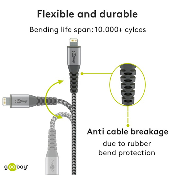 Lightning USB-A tekstilkabel med metalstik, 2 m