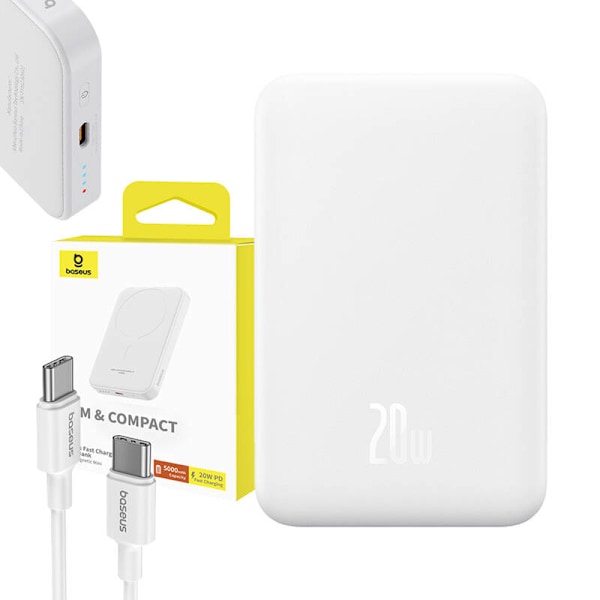 Magneettinen Mini Powerbank Baseus 5000mAh, USB-C 20W (valkoinen)