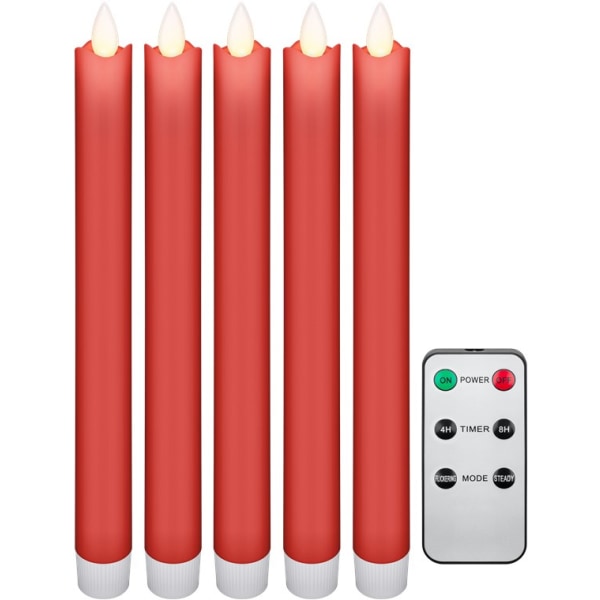 Set med 5 röda LED riktiga vax stav ljus, inkl. fjärrkontroll
