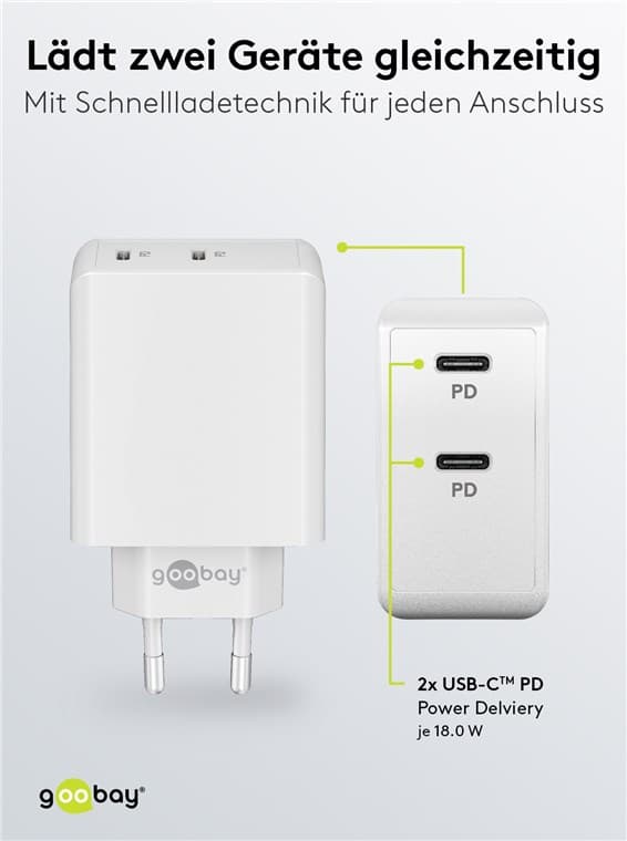 USB-C™ PD dobbelt hurtigoplader (36 W) hvid