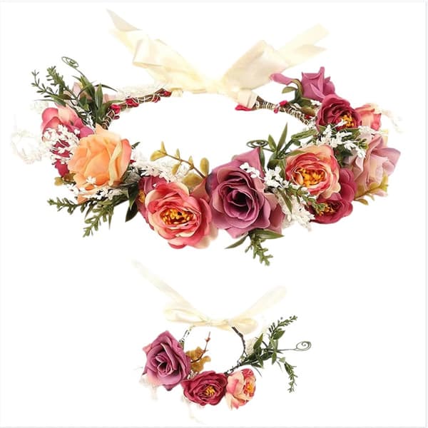 Blomsterkrone til brud - justerbar polyester blomsterkrone til bryllup, brudepiger, forlover, strand, festival og fotografering, let polyester og plas