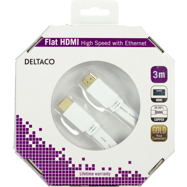 Flat HDMI cable, HDMI High Speed w/ Ethernet, 4K, 3m, white