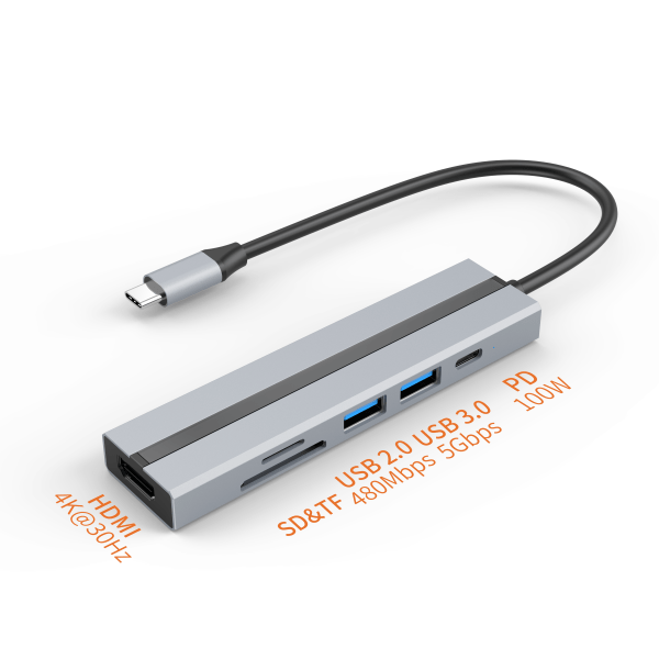 6-i-1 USB C Hub med 4K HDMI-adapter, USB 3.0/2.0-porte, SD/TF-ko