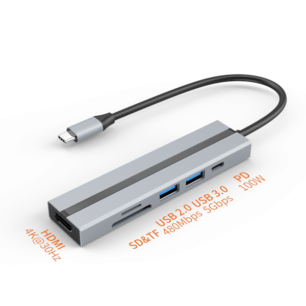 6-i-1 USB-C hubb med 4K HDMI, USB 3.0/2.0-portar, SD/TF-kortläsare