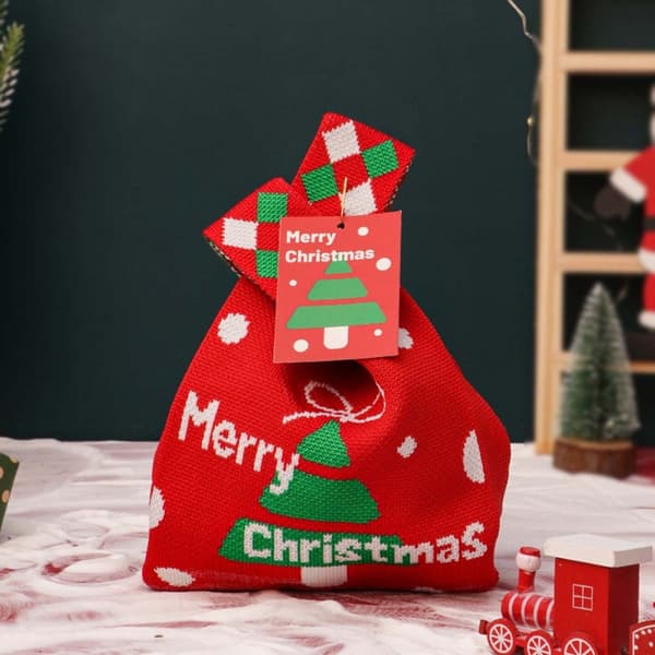 Juleæblepose Strikket Gavepose med Nålekort - Festlig Juleemballage Red Red